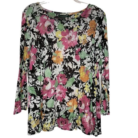 Lauren Ralph Lauren Top knit linen floral boat neck Size XL boho Summer - Picture 1 of 8